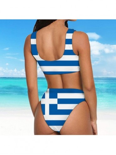 Sets Greece Flag Bikini Sets Two Piece Swimsuit Low Scoop Crop Top High Waisted Cheeky Bottoms Women - Blue - CF18UMMD629 $28.35