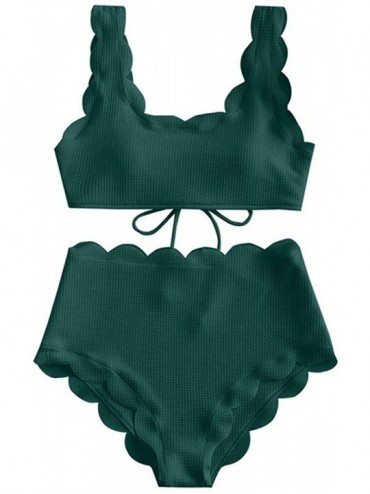 Sets Women's High Waisted Scalloped Bikini Set Textured Lace-up Swimwear Padded Adjustale Tankini Swimsuit - Darkgreen - C119...