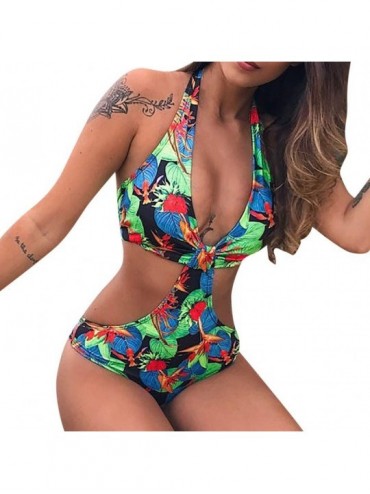 One-Pieces Women Push-Up One Piece Bikini Lace Up Printed Padded Swimsuit - Green-02 - C918WEL682M $30.83