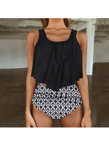 Tankinis Swimsuits for Women Two Piece Bathing Suits Ruffled Flounce Top with High Waisted Bottom Bikini Set - G-gray - CN194...