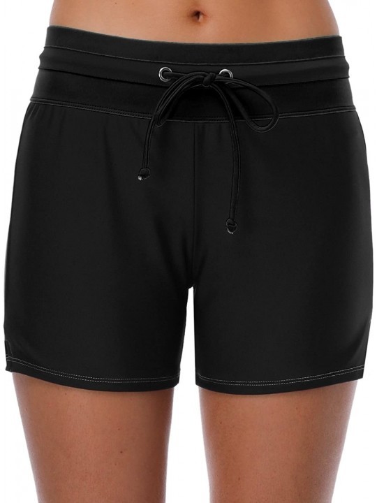 Tankinis Women Stretch Swim Shorts Drawstring Swimsuit Bottoms Sports Boardshorts - Pure Black - CQ18DMQK7TC $20.24