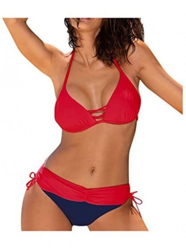 Sets Women's Swimsuit Halter Halter Strap Solid Print Bikini Set(A5-Red-XL) - A5-red - CX196U4UIKZ $26.81