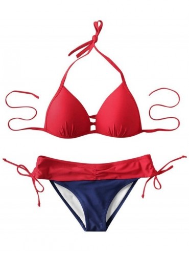 Sets Women's Swimsuit Halter Halter Strap Solid Print Bikini Set(A5-Red-XL) - A5-red - CX196U4UIKZ $12.70