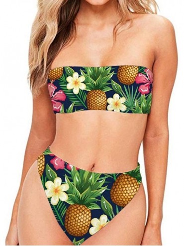 Sets Women's Bandeau Bikini Swimsuits Off Shoulder High Waist Bathing Suit High Cut Tropical Plant Palm Leaf Pattern - Pineap...