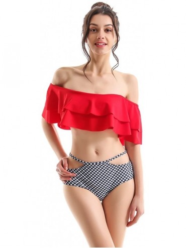 Sets Women's Two Piece Off Shoulder Swimsuit Boho Flounce Falbala Bikini Set (FBA) - Red - C9189SDW2SO $62.81
